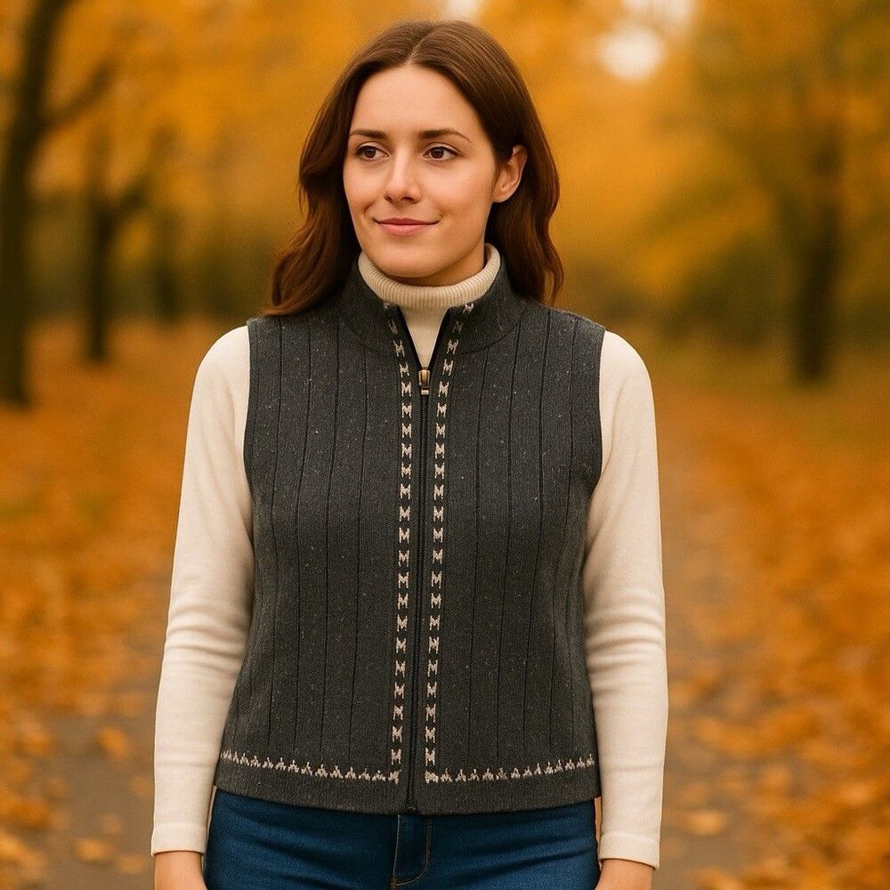 Vintage Woolrich Womens Sz Large Knit Sweater Vest Onyx Heather Zip GrannyCore